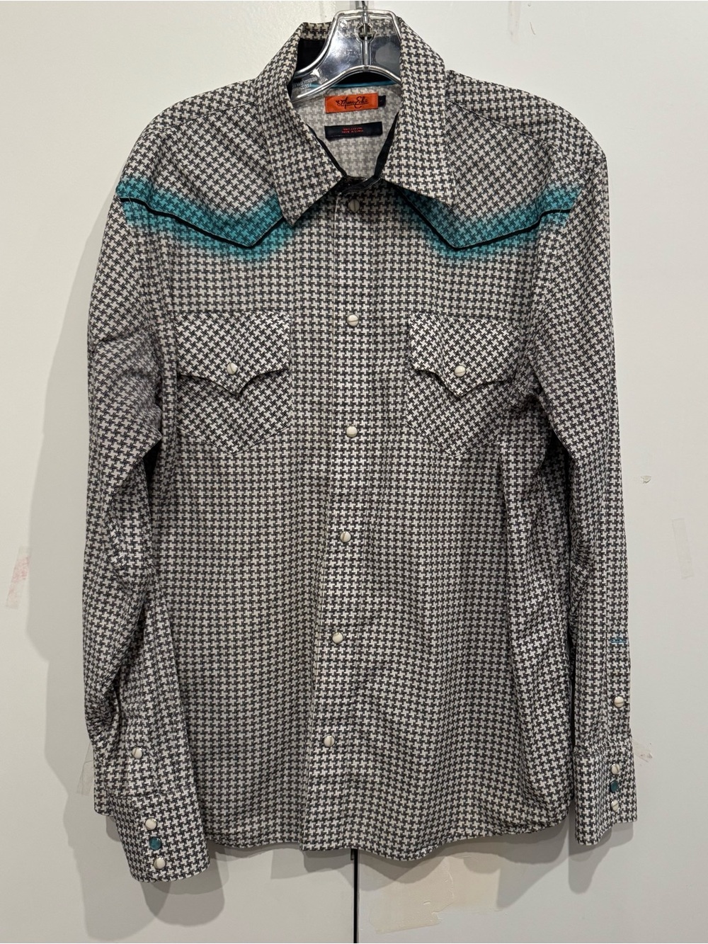 Unisex Western Houndstooth Button-Down Shirt with Teal Yoke